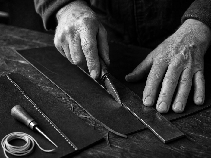 Hands cutting a leather panel beside a saddle-stitched seam