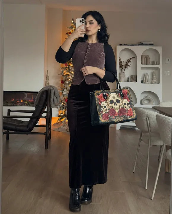 Customer photo — Amanda with her Skullette bag