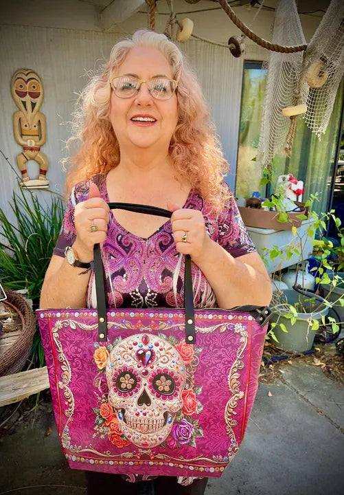 Customer photo — David's wife with her Skullette purse