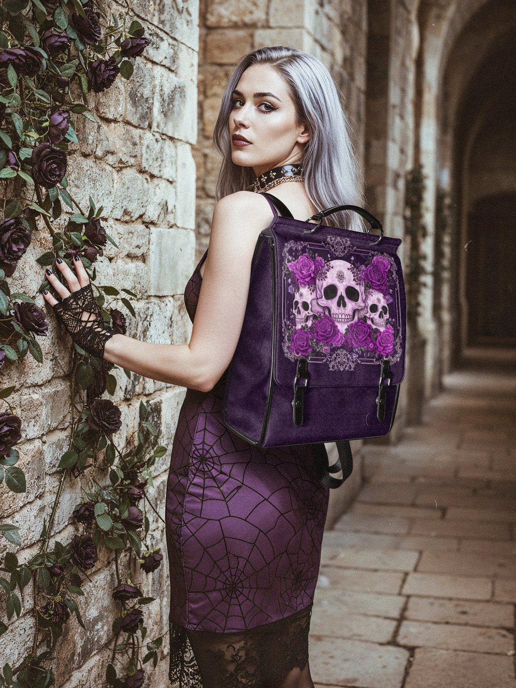 "Bloodrose" Poison Plum Leather Backpack SPOOKY DEAL