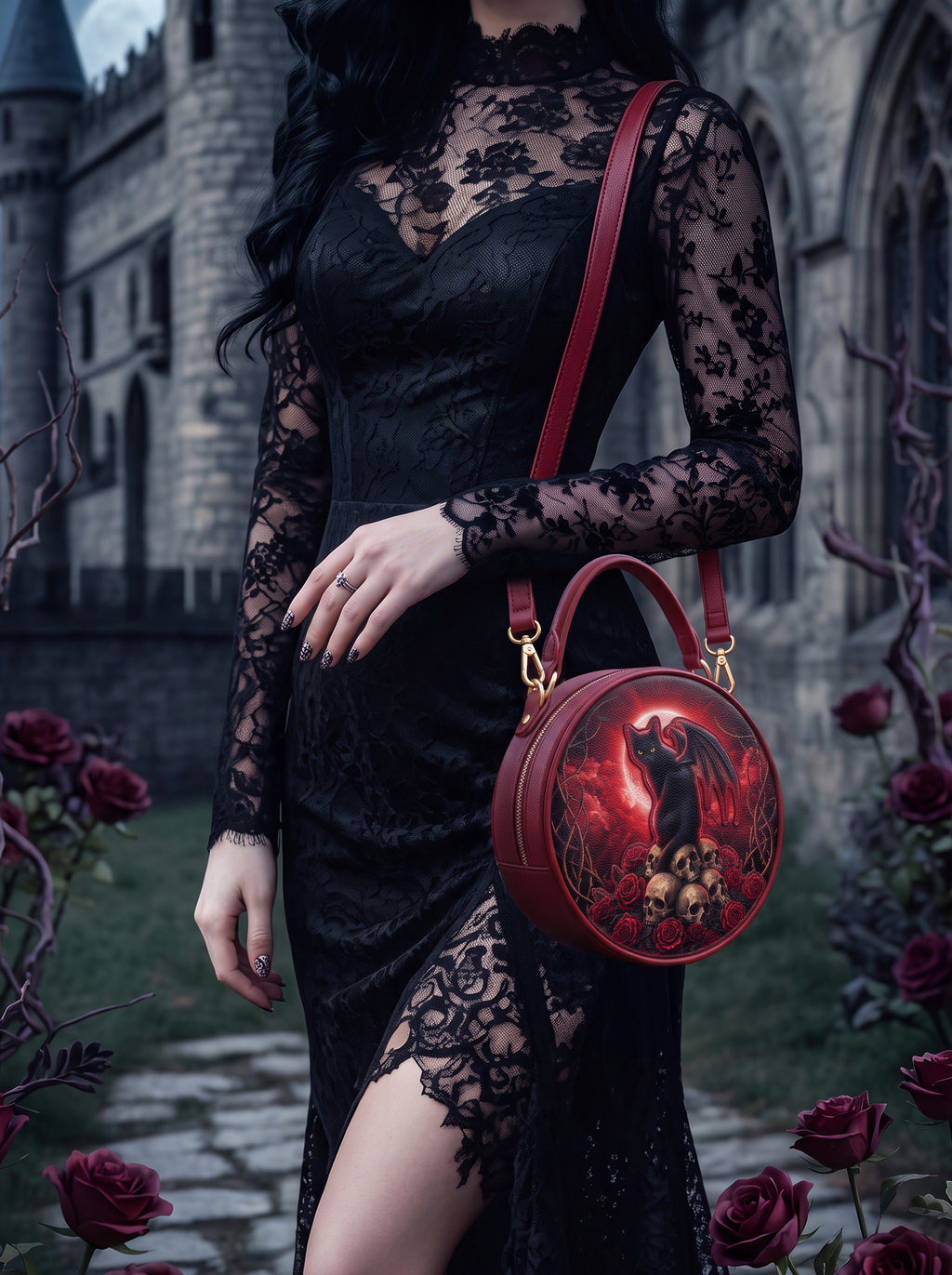 “Grimalkin” Applique Circle Crossbody Bag