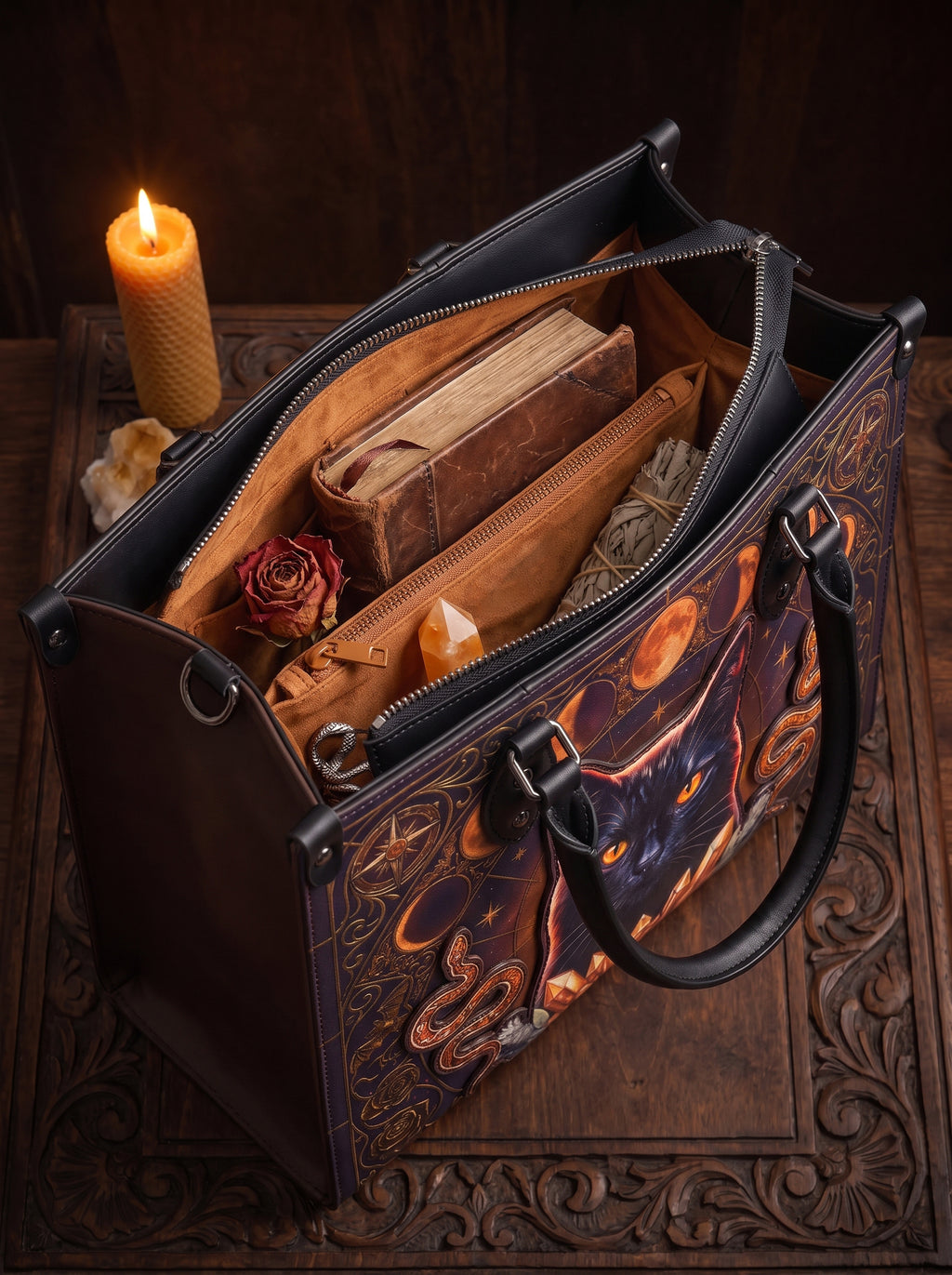 "Hexacat" Applique Leather Handbag