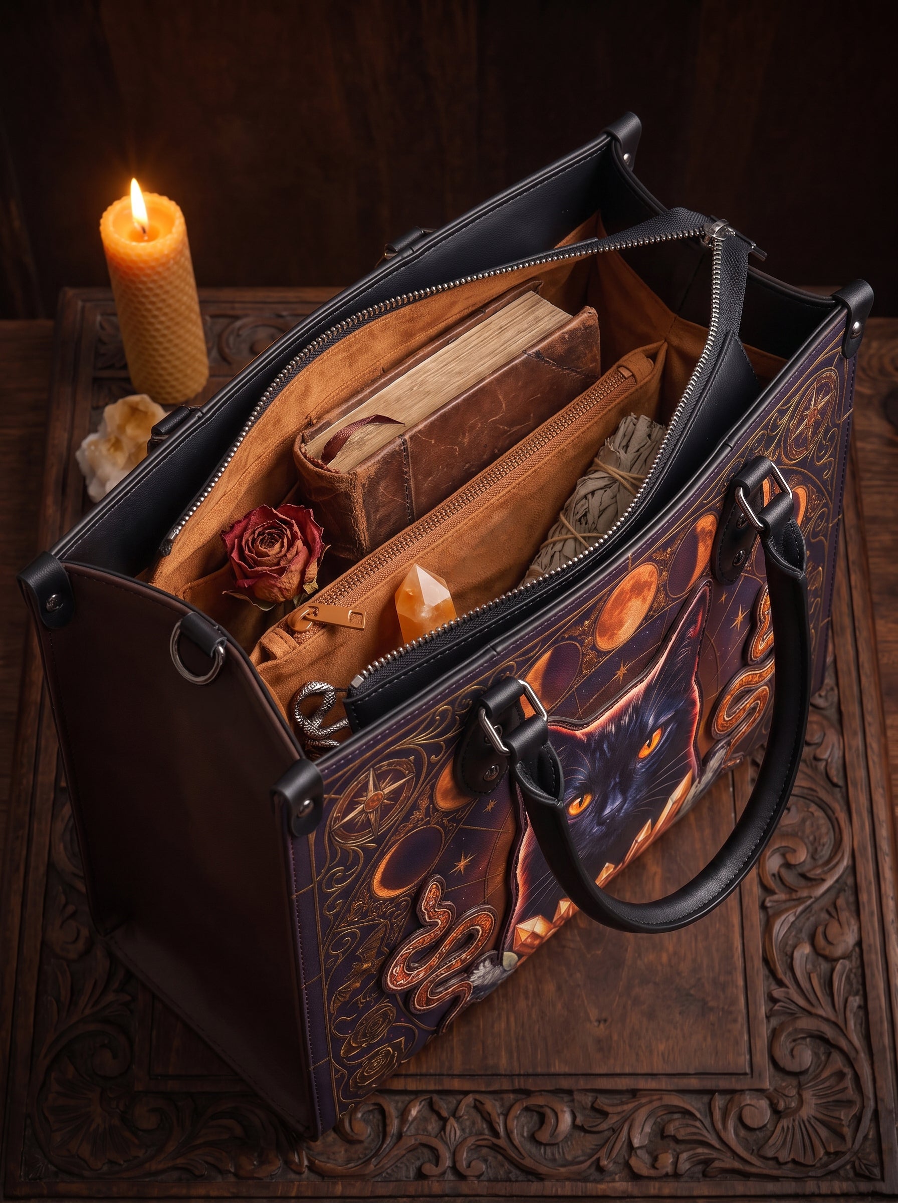 "Hexacat" Applique Leather Handbag