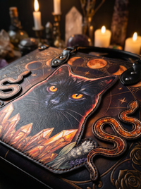 "Hexacat" Applique Leather Handbag: close-up of the raised applique