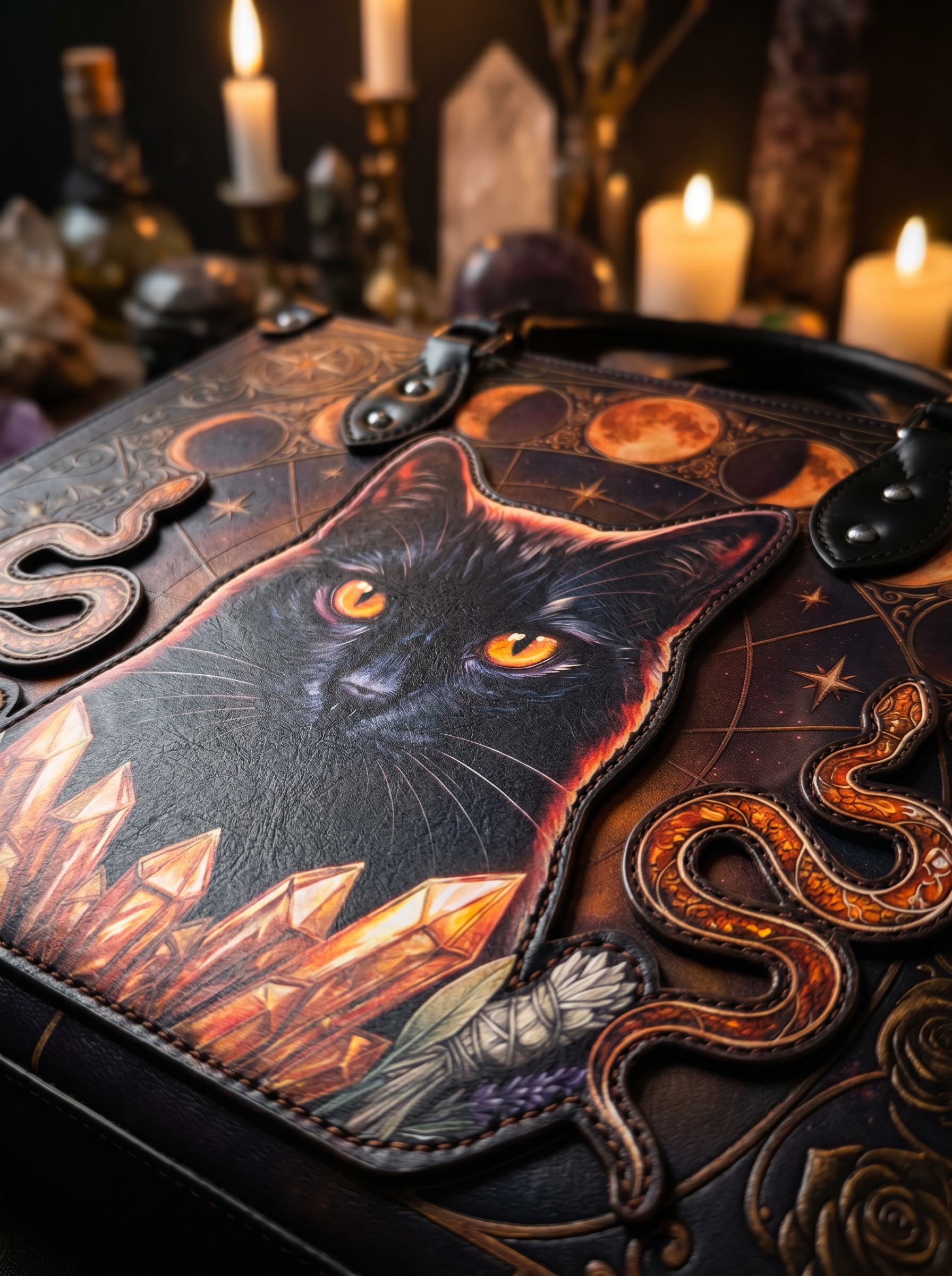 "Hexacat" Applique Leather Handbag