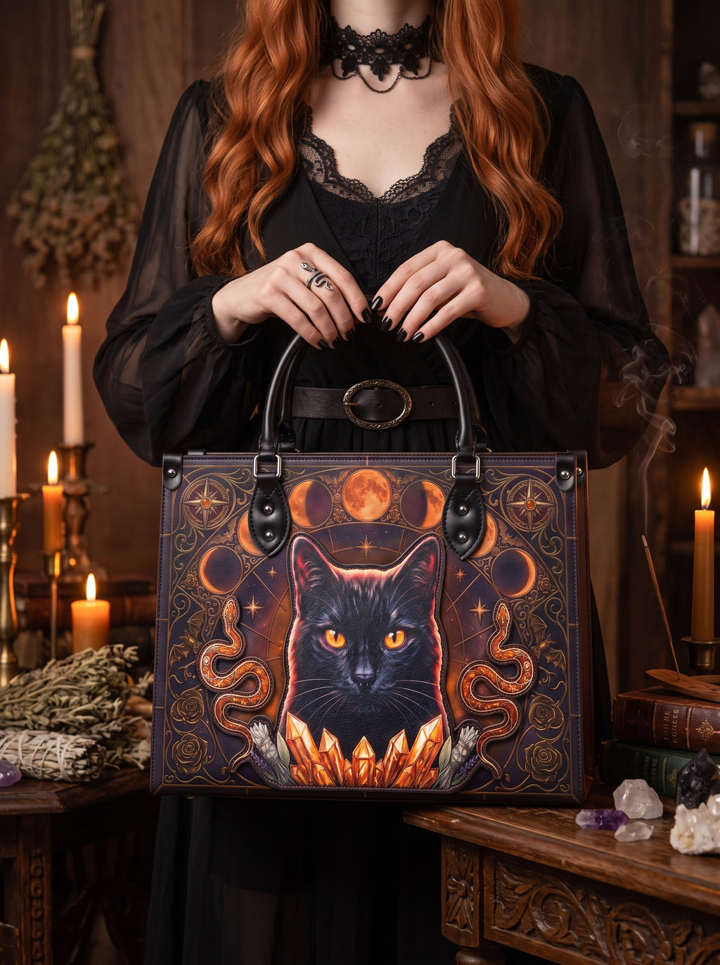 "Hexacat" Applique Leather Handbag