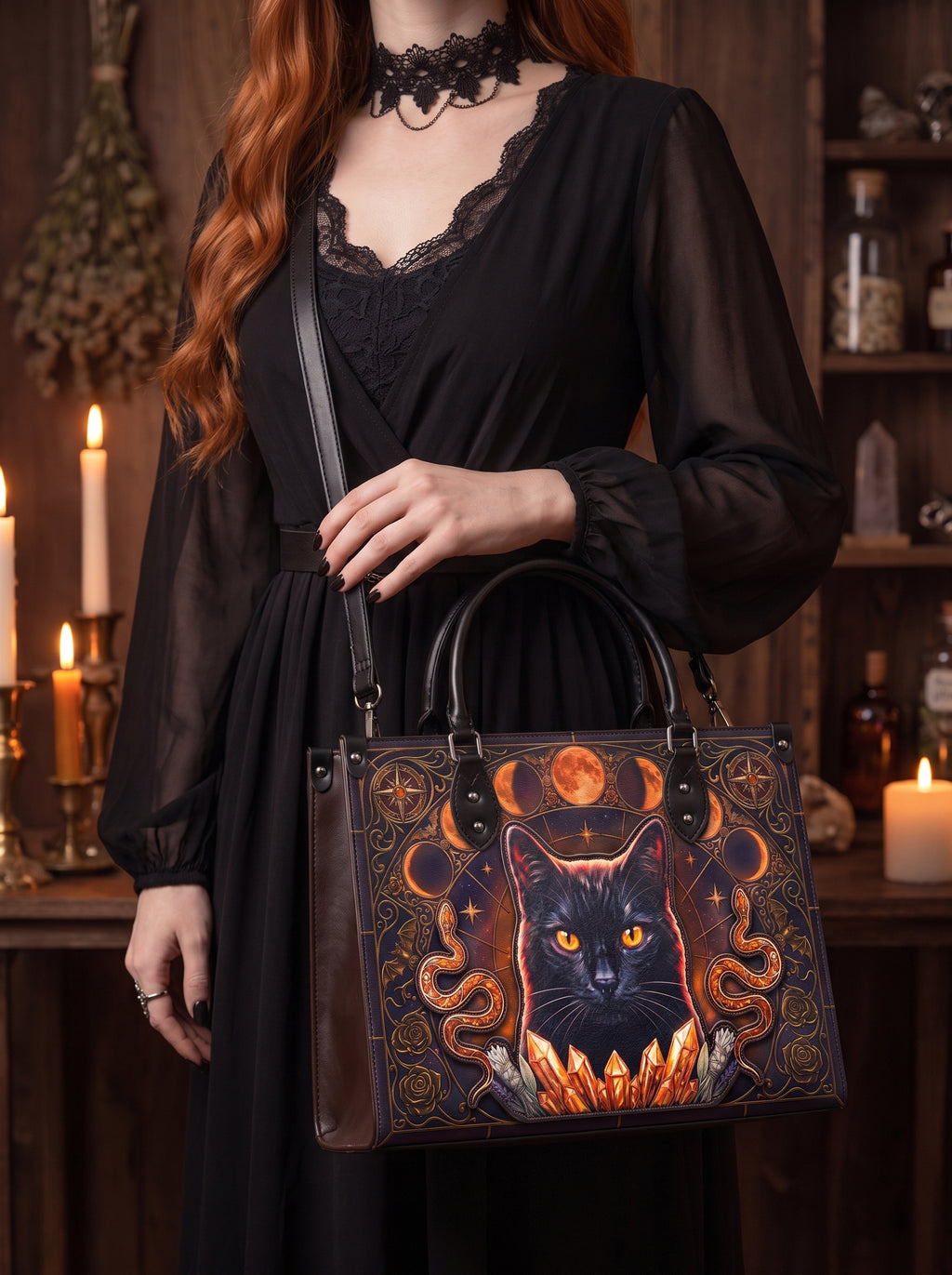 "Hexacat" Applique Leather Handbag