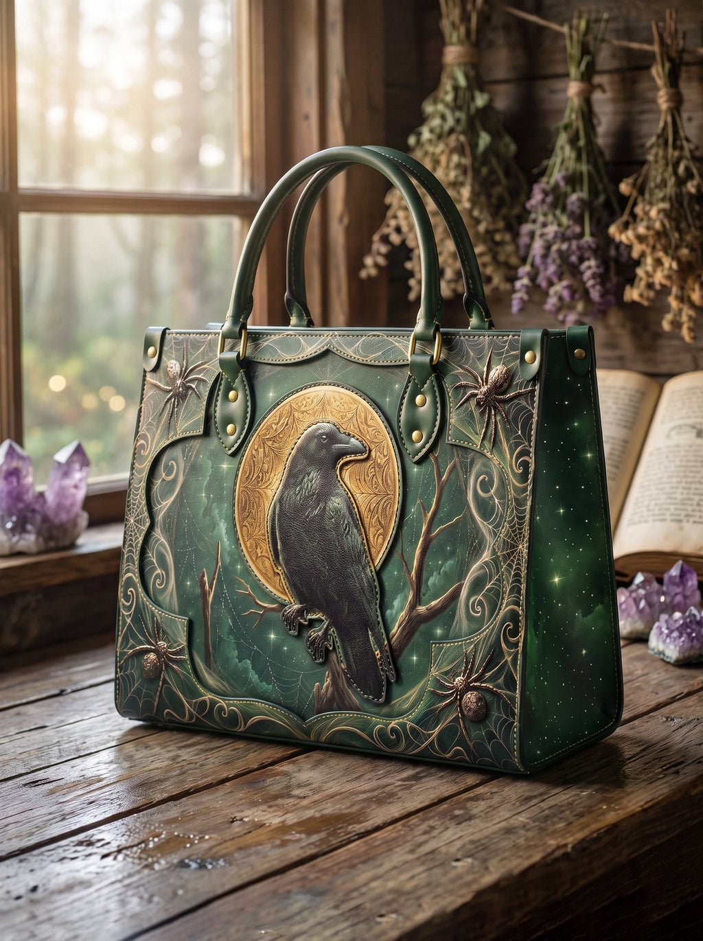 "Ravenweb" Applique Leather Handbag