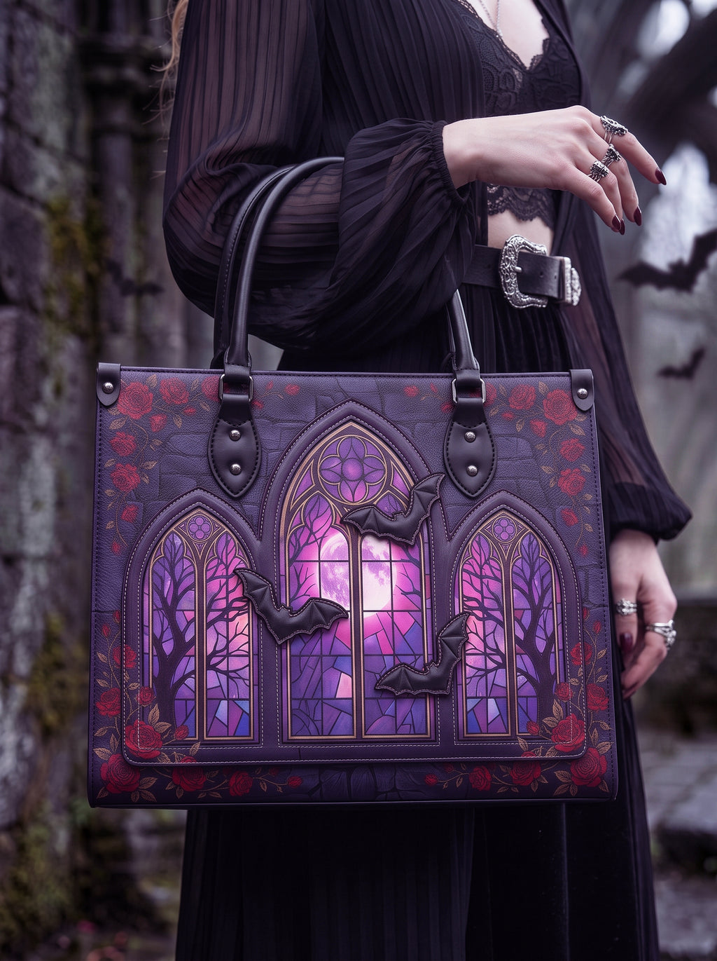 "Rosewindow" Applique Leather Handbag