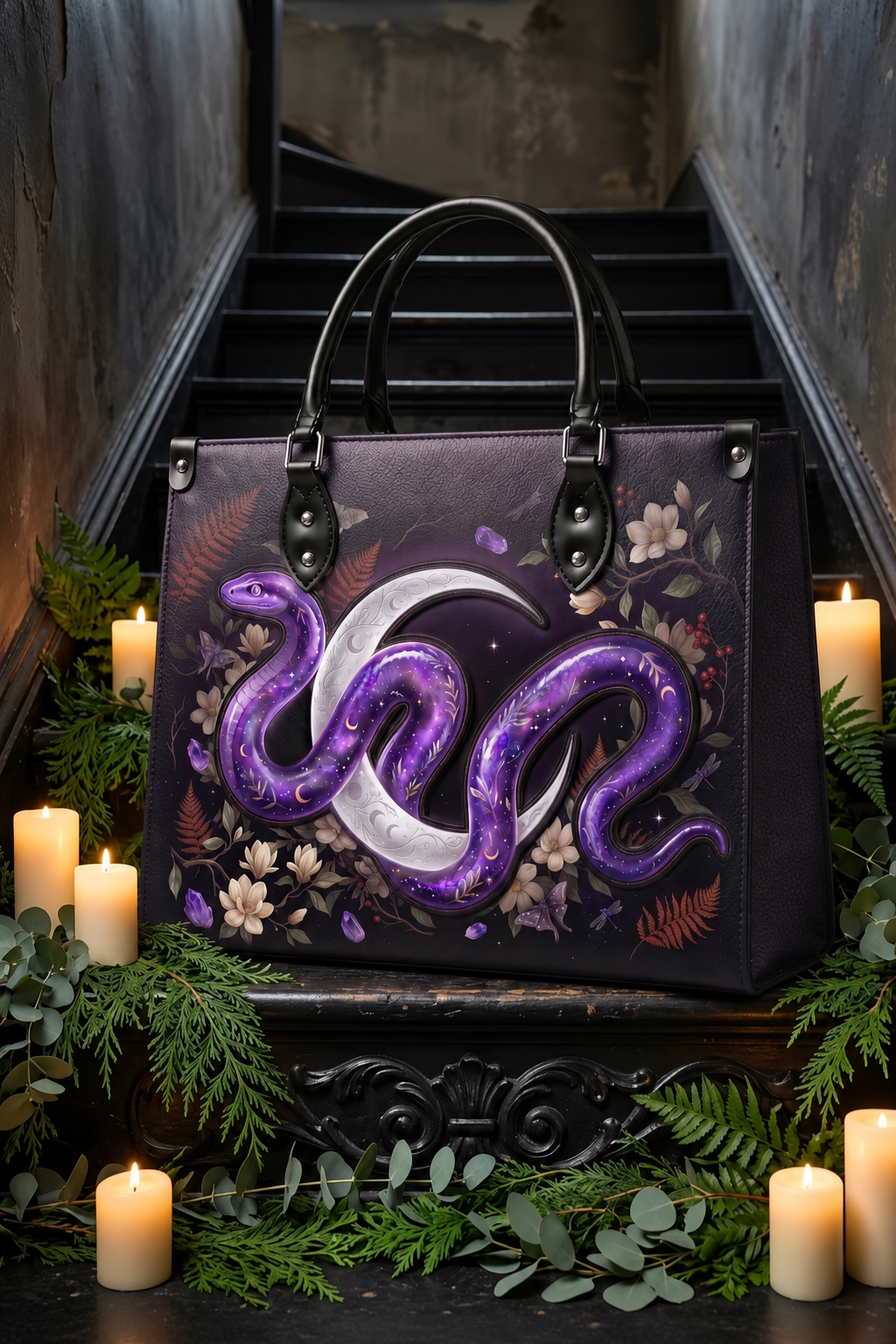 "Serpelune" Applique Leather Handbag