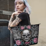 Black Winged Skull HTRZ19124549AT Leather Tote Bag