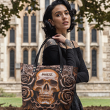 Brown Chained Rose Skull HTRZ19129676AB Leather Tote Bag