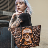 Brown Chained Rose Skull HTRZ19129676AB Leather Tote Bag