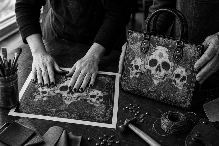 Hands checking a printed artwork proof beside the finished leather handbag