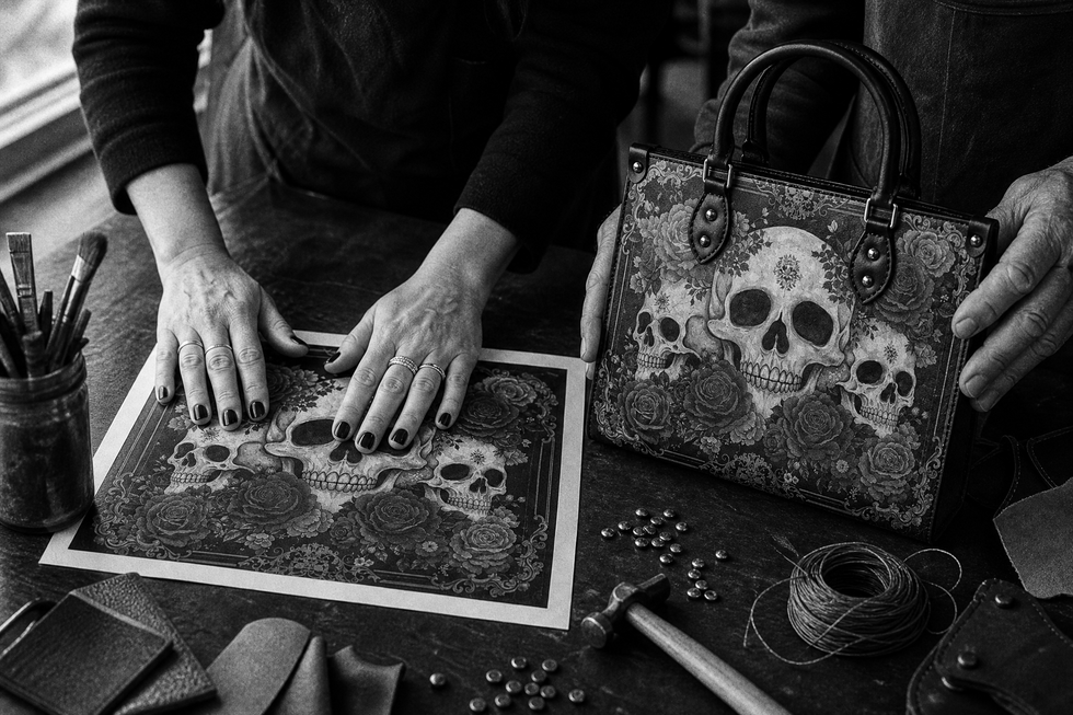 Hands checking a printed artwork proof beside the finished leather handbag