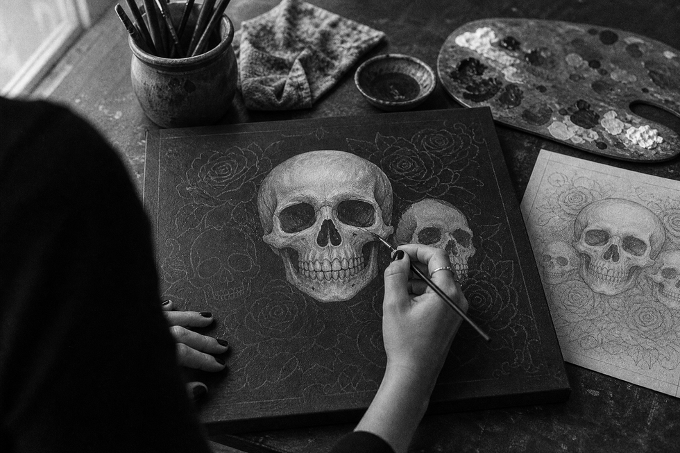Julie Marsh's hand painting the skull artwork on canvas