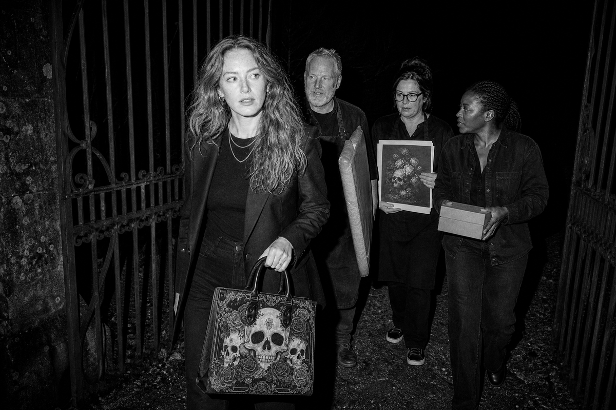 The Skullette team leaving the studio at night, carrying paintings and a handbag