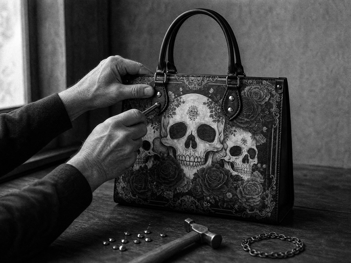 Hands setting a stud on the Bloodrose handbag's buckle tab